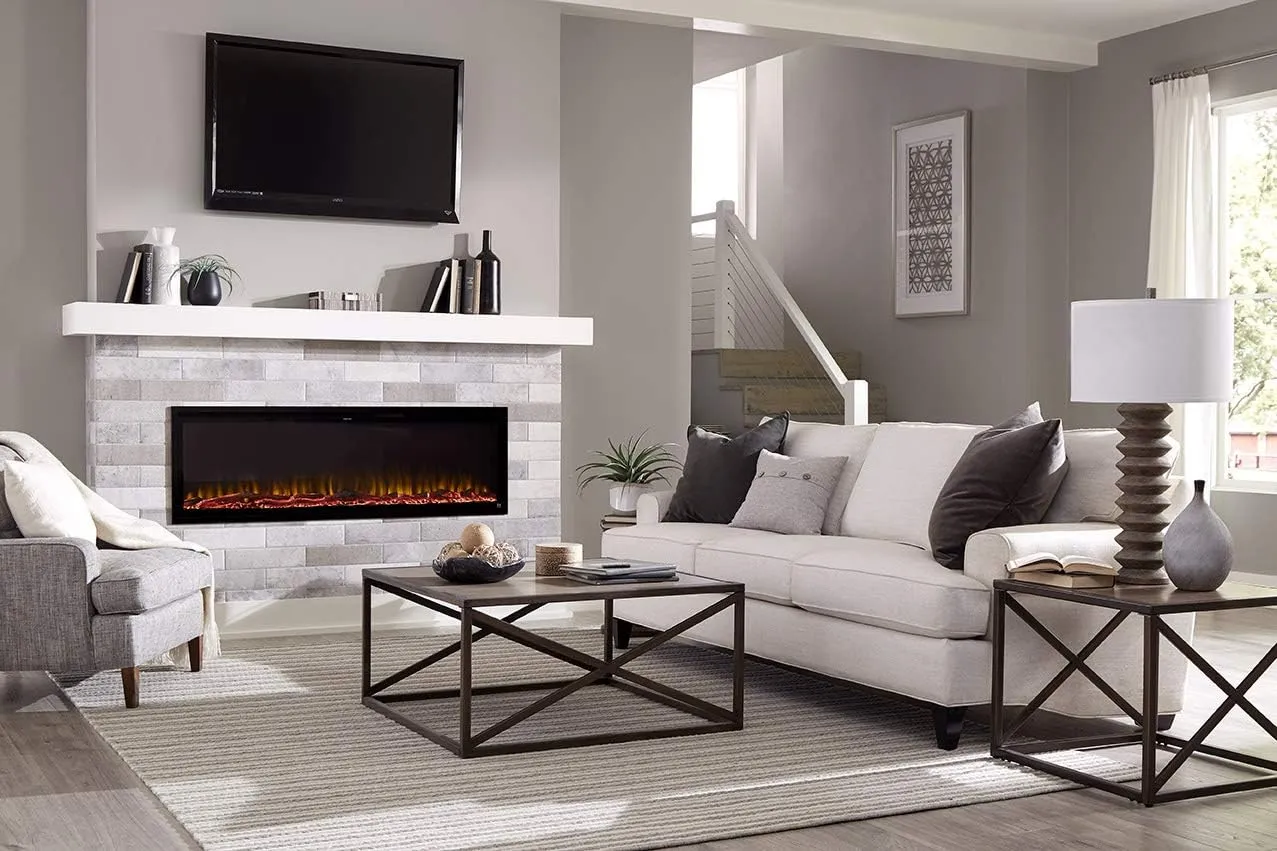 Touchstone Sideline Elite Smart 50” WiFi-Enabled Electric Fireplace - in-Wall Recessed - 60 Color Combinations - 1,500W Heater - Black - Log, Crystals & Driftwood - 80036
