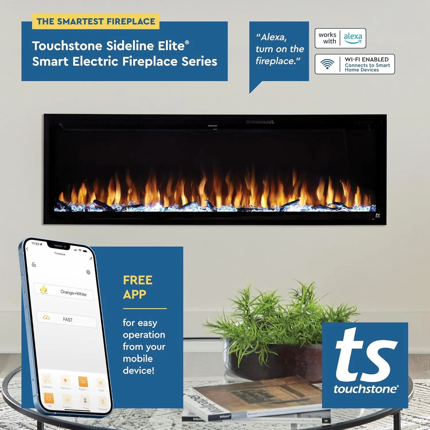 Touchstone Sideline Elite Smart 50” WiFi-Enabled Electric Fireplace - in-Wall Recessed - 60 Color Combinations - 1,500W Heater - Black - Log, Crystals & Driftwood - 80036