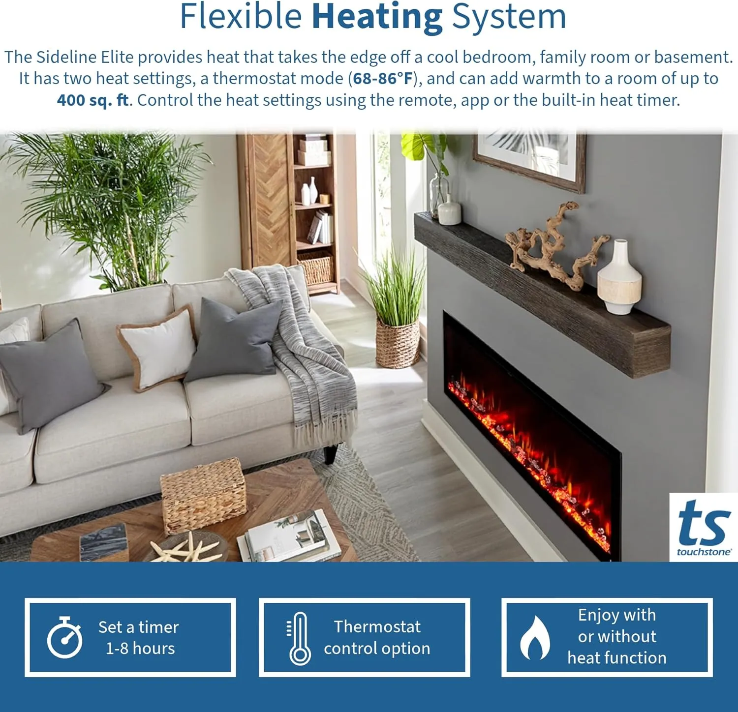 Touchstone Sideline Elite Smart 50” WiFi-Enabled Electric Fireplace - in-Wall Recessed - 60 Color Combinations - 1,500W Heater - Black - Log, Crystals & Driftwood - 80036