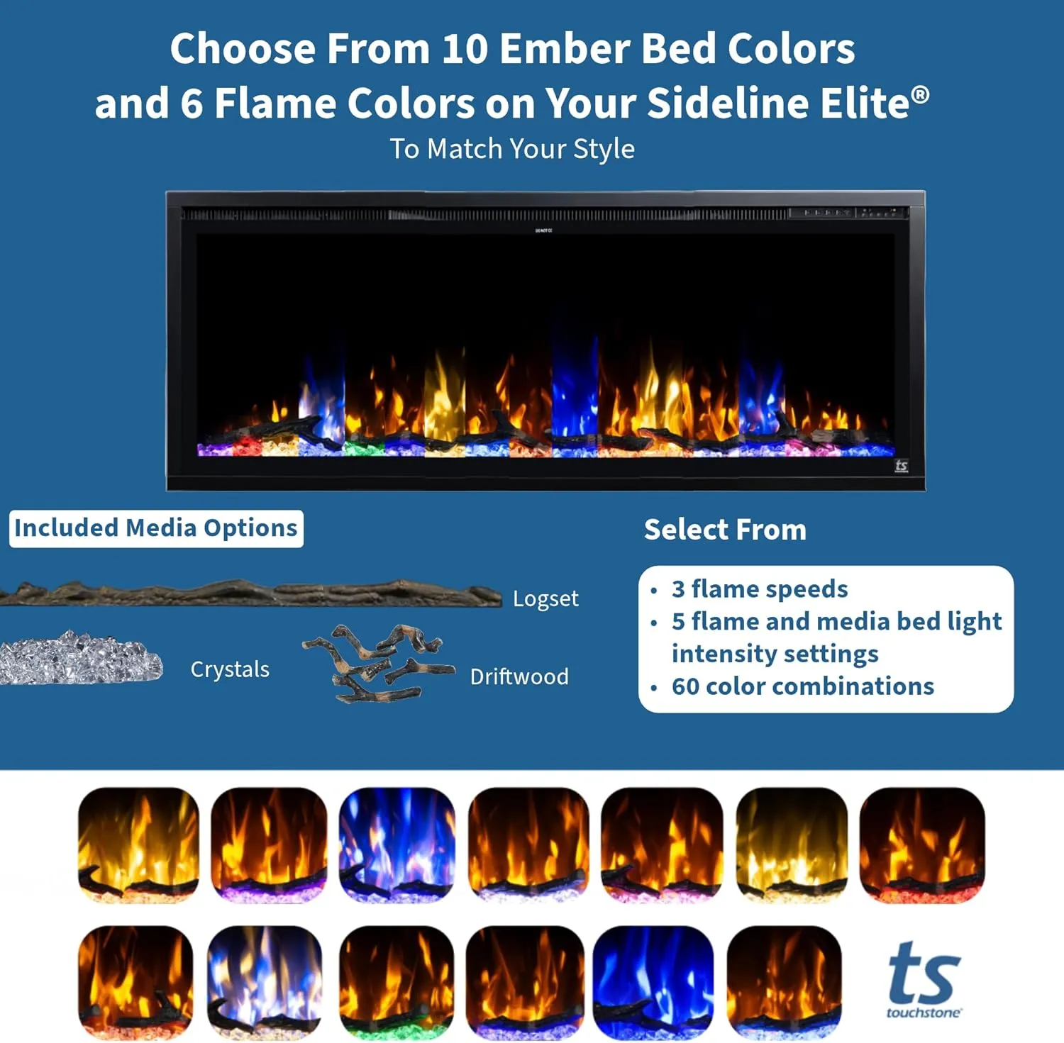 Touchstone Sideline Elite Smart 50” WiFi-Enabled Electric Fireplace - in-Wall Recessed - 60 Color Combinations - 1,500W Heater - Black - Log, Crystals & Driftwood - 80036