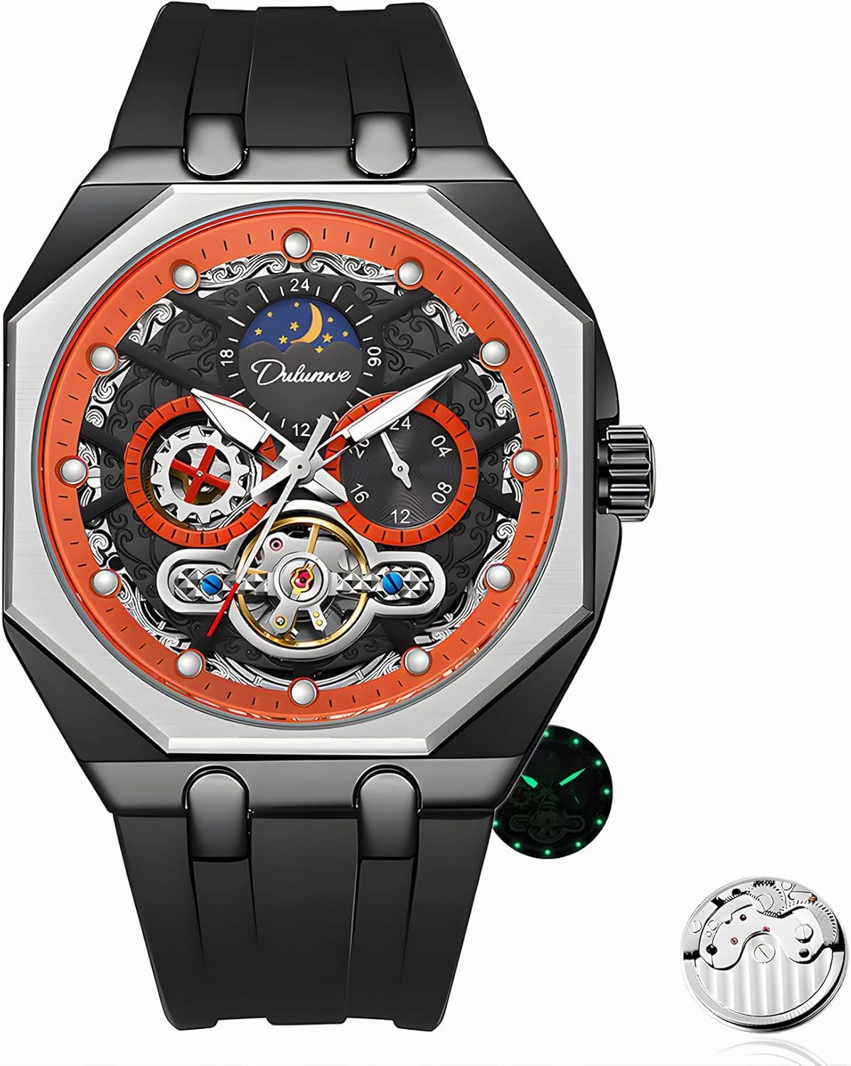 Tourbillon Hollowed Out Retro Carved Dial Creative Octagonal Case Men's Comfortable Silicone Strap Waterproof Luminous Fashion Sports Moonphase Mechanical Watch