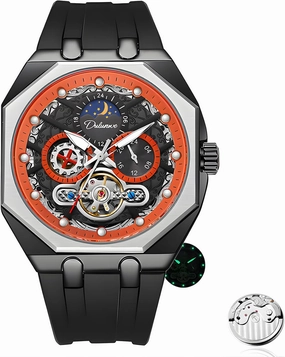 Tourbillon Hollowed Out Retro Carved Dial Creative Octagonal Case Men's Comfortable Silicone Strap Waterproof Luminous Fashion Sports Moonphase Mechanical Watch