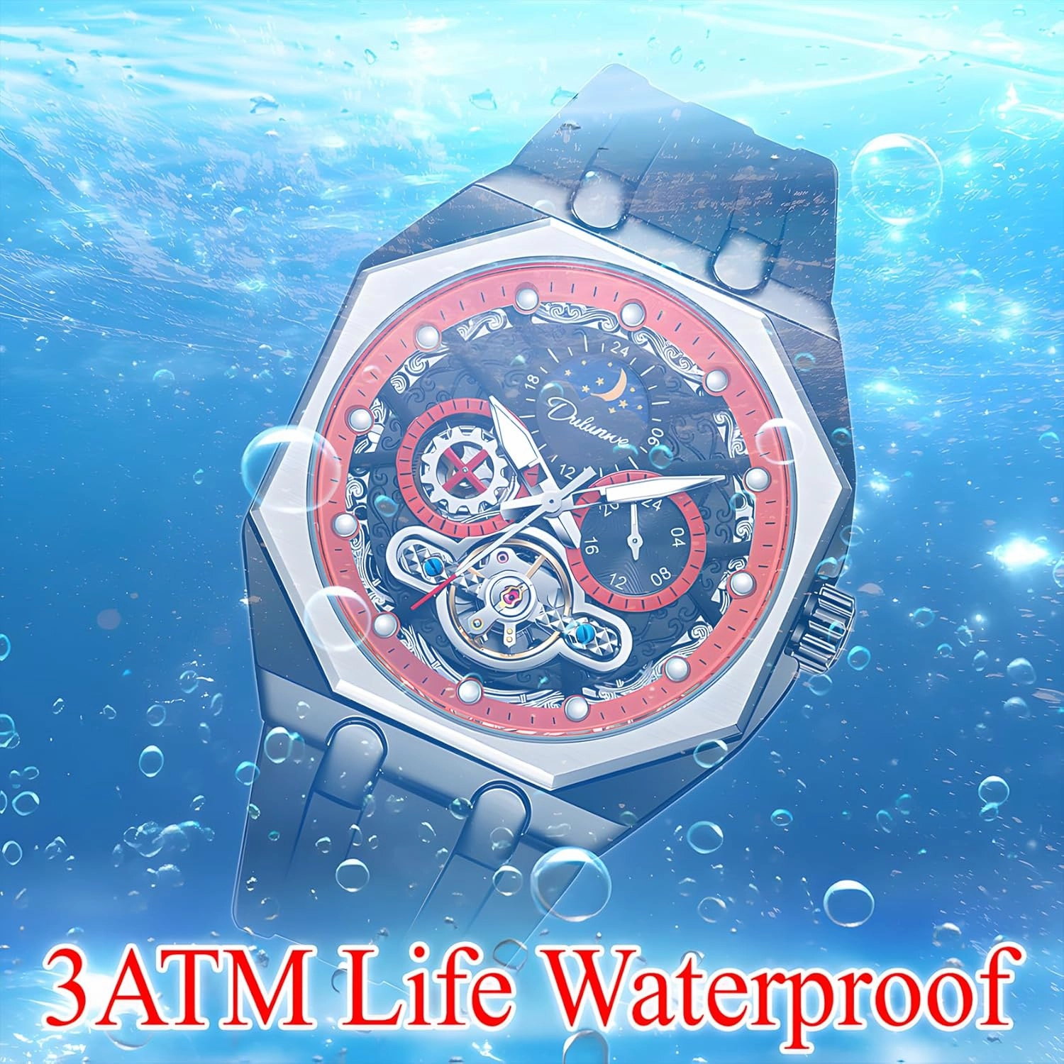 Tourbillon Hollowed Out Retro Carved Dial Creative Octagonal Case Men's Comfortable Silicone Strap Waterproof Luminous Fashion Sports Moonphase Mechanical Watch