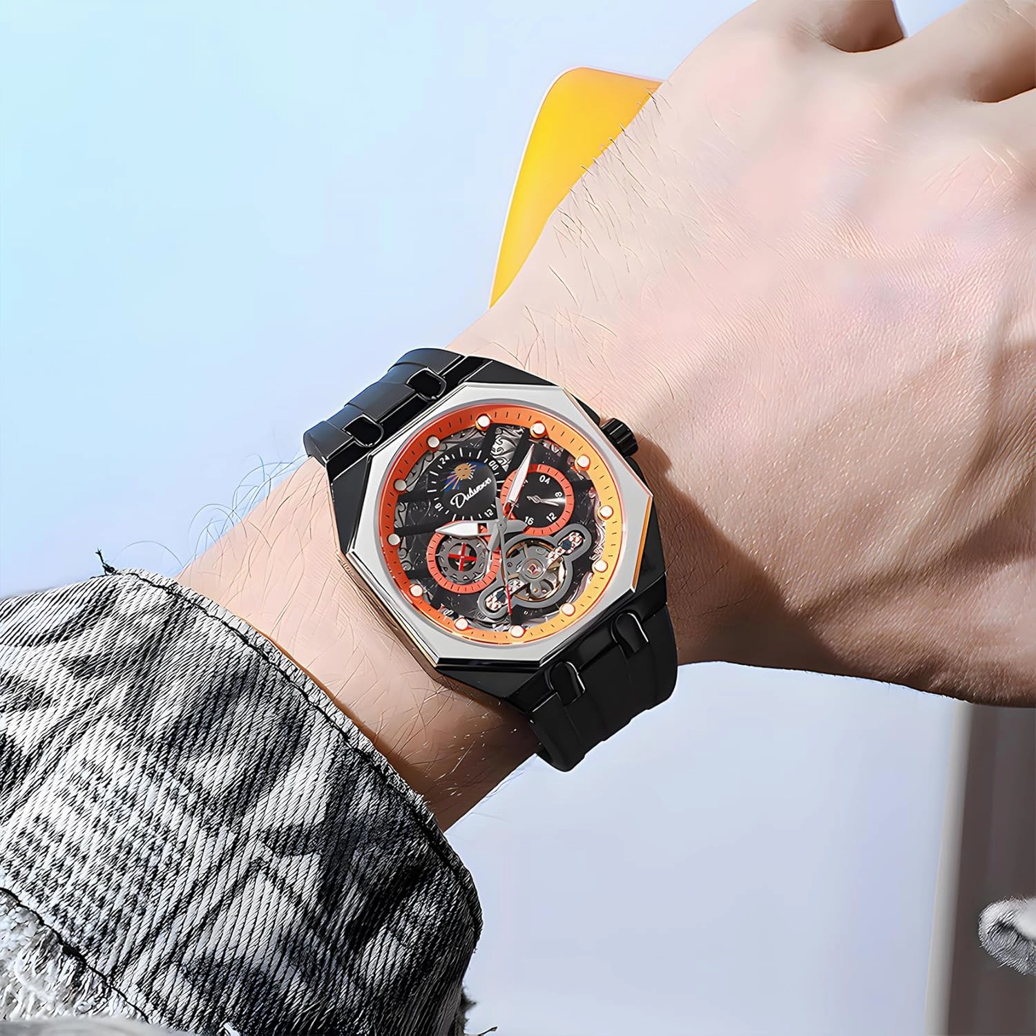 Tourbillon Hollowed Out Retro Carved Dial Creative Octagonal Case Men's Comfortable Silicone Strap Waterproof Luminous Fashion Sports Moonphase Mechanical Watch