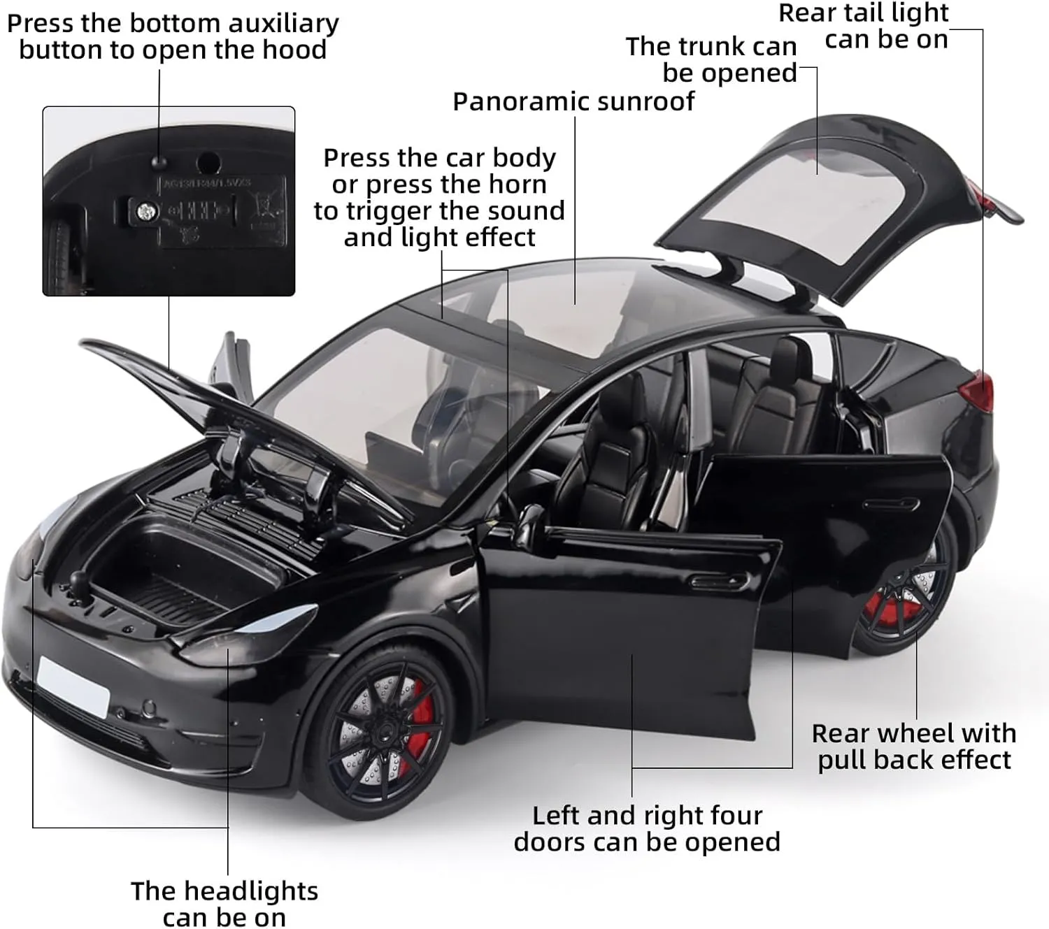 Toy Cars Y 1/24 Zinc Alloy Diecast Metal Model Car, Pull Back Toy Model with Light and Music, Suitable for Children Aged 3 and Above as Gifts(Black)