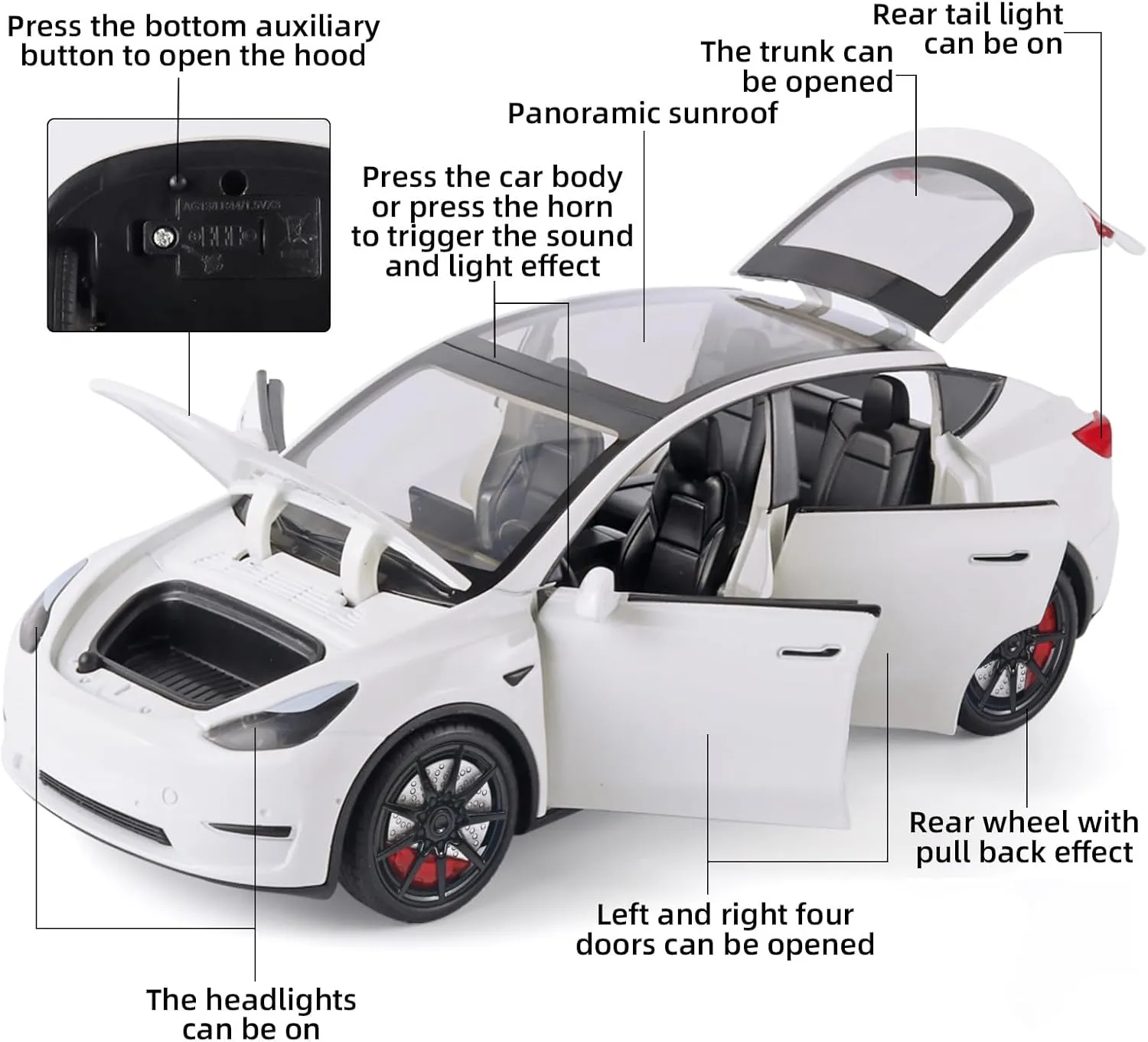 Toy Cars Y 1/24 Zinc Alloy Diecast Metal Model Car, Pull Back Toy Model with Light and Music, Suitable for Children Aged 3 and Above as Gifts(White)