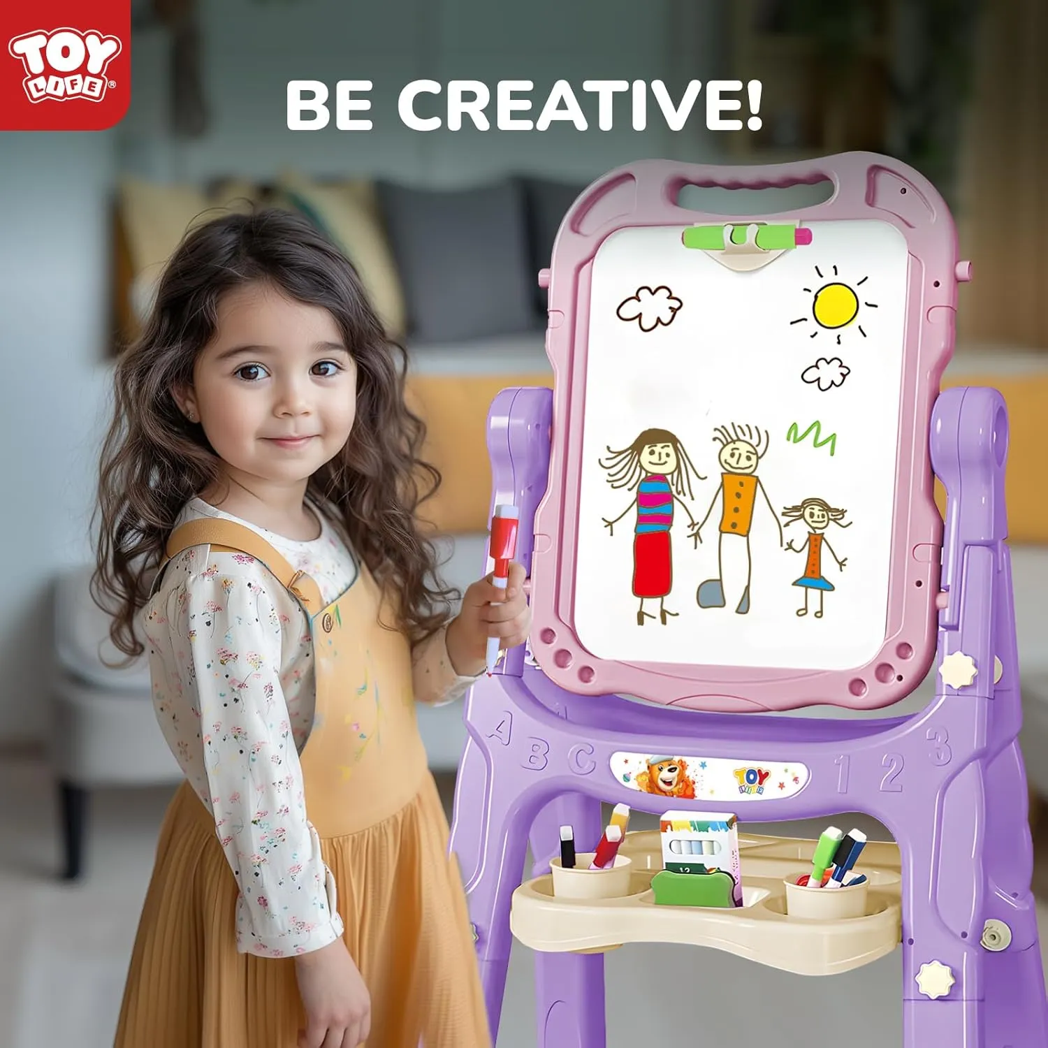 TOY Life Toddler Easel for Girls, Double Sided Adjustable Art Easel with Painting Accessories for Toddler Girl 2-4 Years, Magnetic Rotatable Drawing Chalkboard for Kids Ages 4-8 -Pink