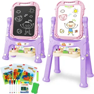 TOY Life Toddler Easel for Girls, Double Sided Adjustable Art Easel with Painting Accessories for Toddler Girl 2-4 Years, Magnetic Rotatable Drawing Chalkboard for Kids Ages 4-8 -Pink