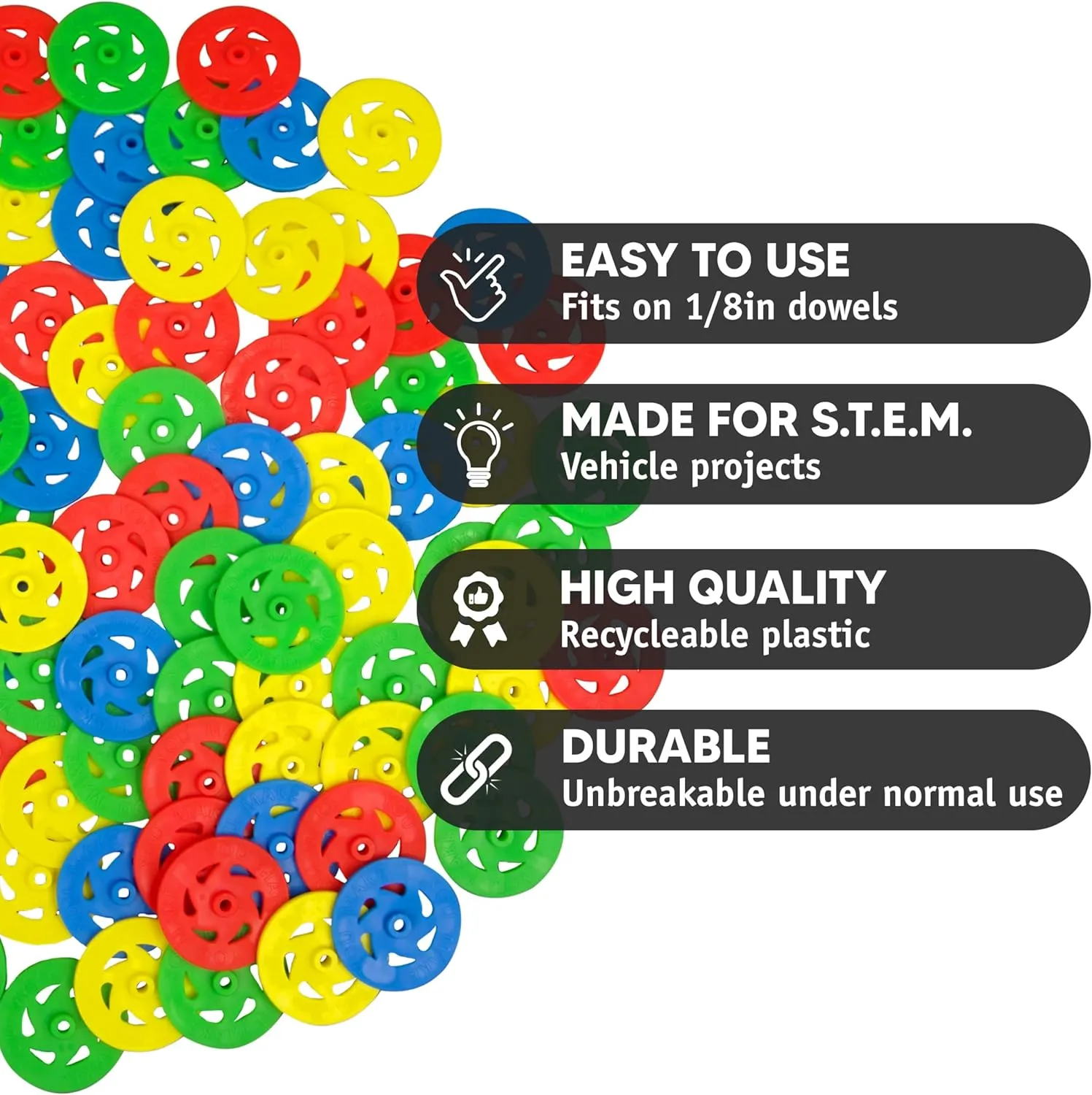 Toy Wheels - Bulk Pack of 100 - Small Plastic Wheels for Toy Cars, STEM Projects, Crafts, Mini Vehicles