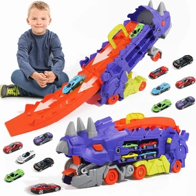 Transformer Dinosaur Truck Toys for Kids Ages 3-7, Foldable Car Transporter with Race Track, Triceratops Transporter, with 8 Cars (Purple)
