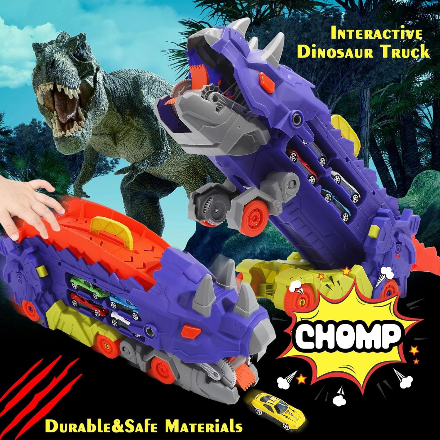 Transformer Dinosaur Truck Toys for Kids Ages 3-7, Foldable Car Transporter with Race Track, Triceratops Transporter, with 8 Cars (Purple)