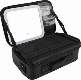 Travel Makeup Bag with LED Lighted Mirror, PU Leather Cosmetic Organizer Storage Box, Adjustable Dividers Portable Make up Bag Brushes Holder Train Case for Women