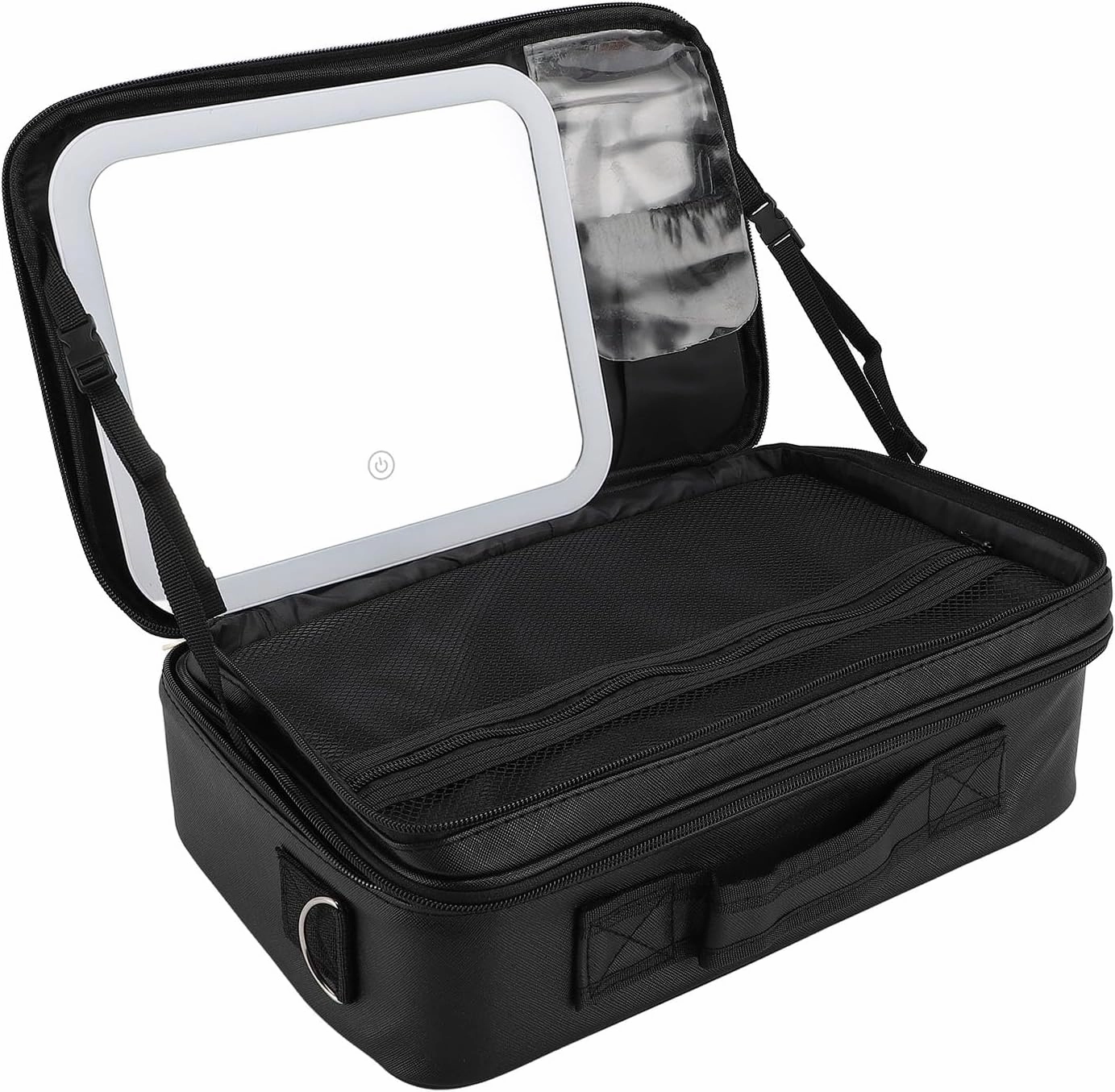 Travel Makeup Bag with LED Lighted Mirror, PU Leather Cosmetic Organizer Storage Box, Adjustable Dividers Portable Make up Bag Brushes Holder Train Case for Women