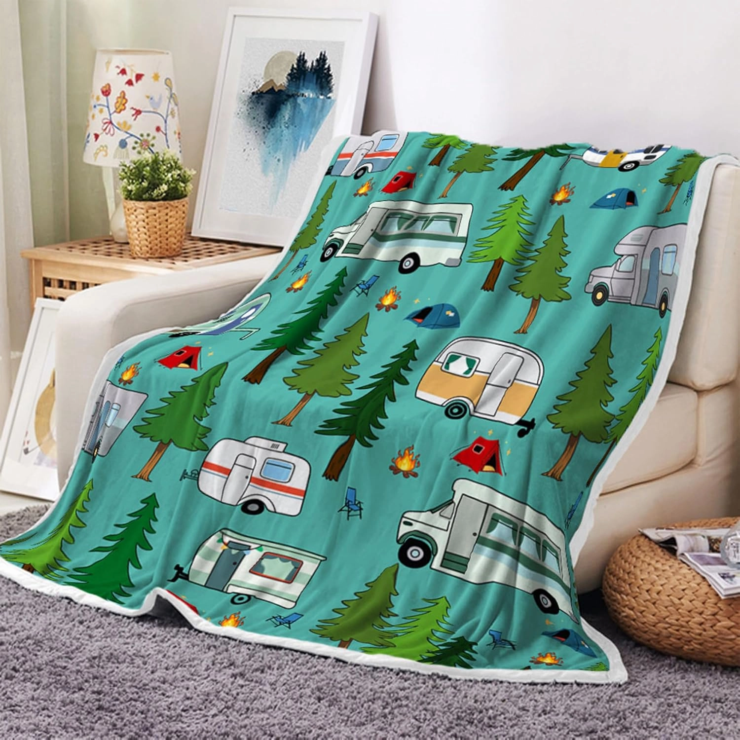 Travel Throw Blanket, Camping Blanket, Camper Decor Blanket,Outdoor Throw Blanket,Happy Camping Soft Plush Fluffy Blankets Camper Bedding for Bed Sofa Couch Camping Gifts 50x60inch