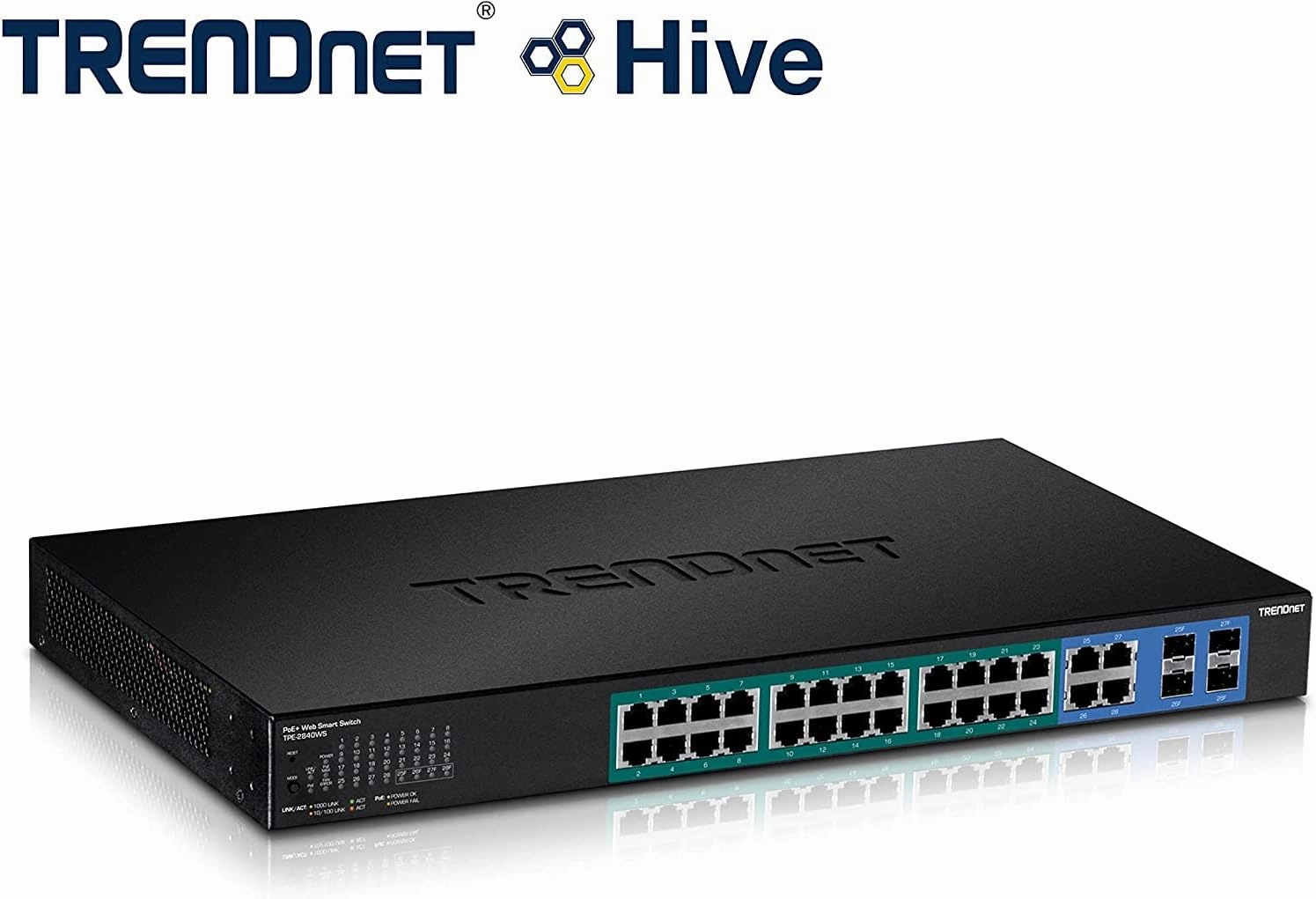 TRENDnet 28-Port Gigabit Web Smart PoE  Switch, 24 x Gigabit Ports, 4 x Shared Gigabit Ports (RJ-45 or SFP), 185W PoE Budget, 56Gbps Switching Capacity, Lifetime Protection, Black, TPE-2840WS