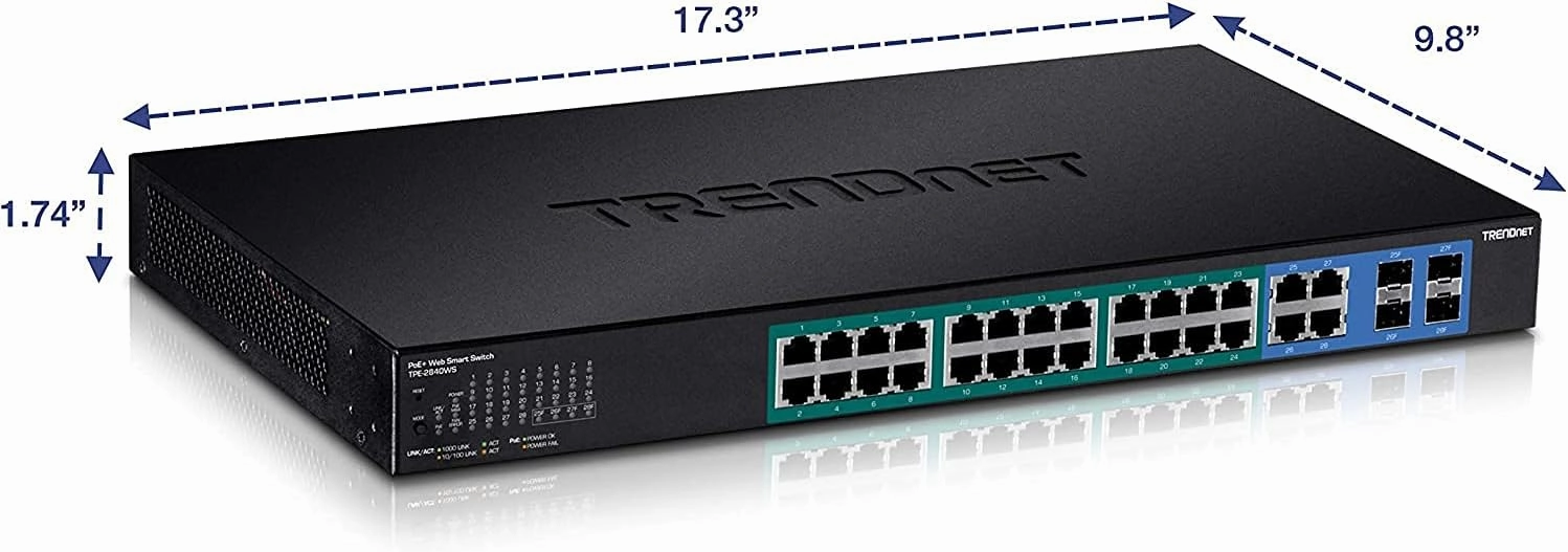 TRENDnet 28-Port Gigabit Web Smart PoE  Switch, 24 x Gigabit Ports, 4 x Shared Gigabit Ports (RJ-45 or SFP), 185W PoE Budget, 56Gbps Switching Capacity, Lifetime Protection, Black, TPE-2840WS