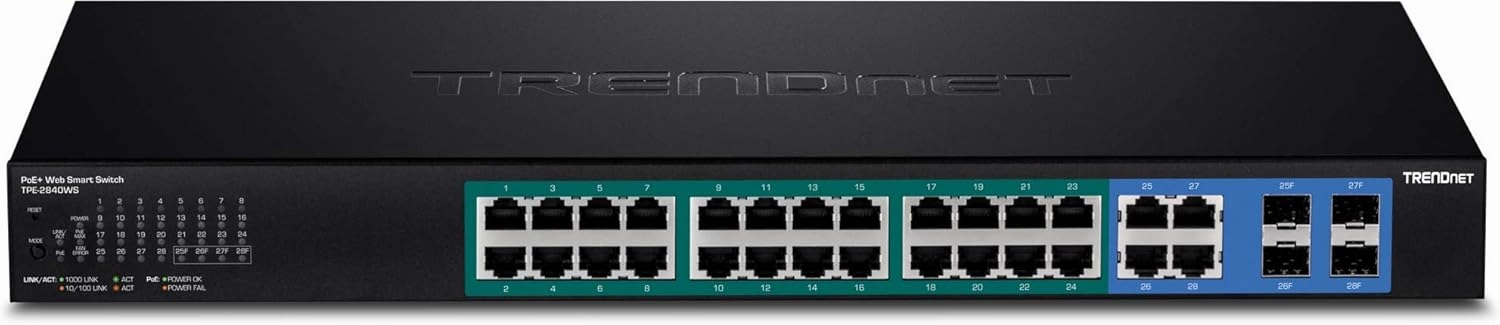 TRENDnet 28-Port Gigabit Web Smart PoE  Switch, 24 x Gigabit Ports, 4 x Shared Gigabit Ports (RJ-45 or SFP), 185W PoE Budget, 56Gbps Switching Capacity, Lifetime Protection, Black, TPE-2840WS