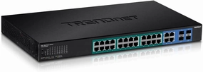 TRENDnet 28-Port Gigabit Web Smart PoE  Switch, 24 x Gigabit Ports, 4 x Shared Gigabit Ports (RJ-45 or SFP), 185W PoE Budget, 56Gbps Switching Capacity, Lifetime Protection, Black, TPE-2840WS