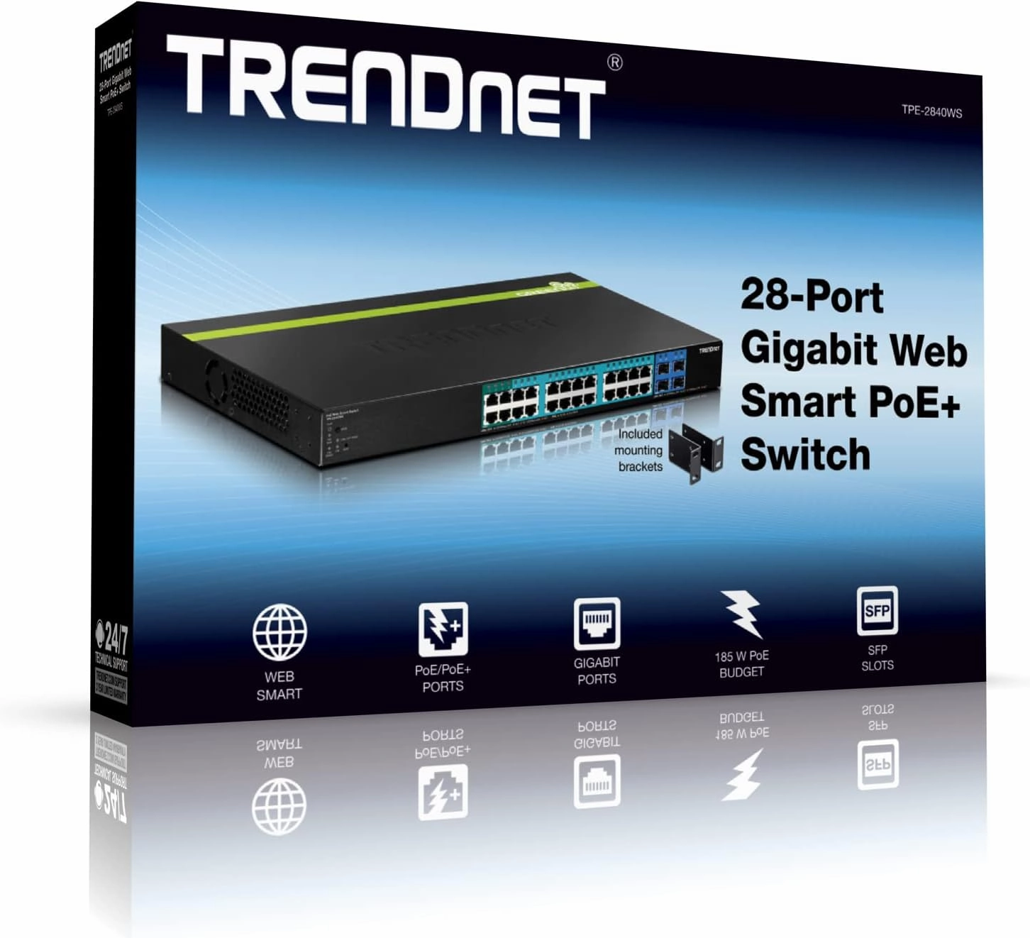 TRENDnet 28-Port Gigabit Web Smart PoE  Switch, 24 x Gigabit Ports, 4 x Shared Gigabit Ports (RJ-45 or SFP), 185W PoE Budget, 56Gbps Switching Capacity, Lifetime Protection, Black, TPE-2840WS