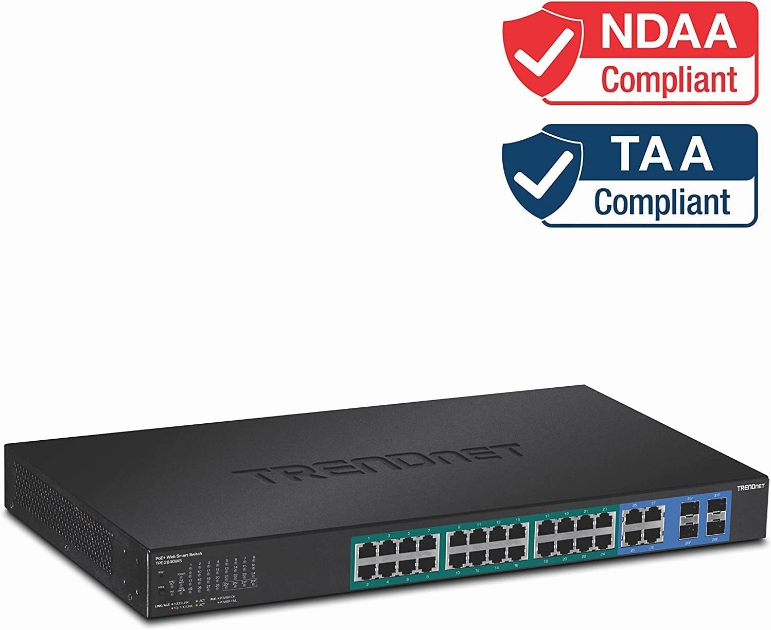 TRENDnet 28-Port Gigabit Web Smart PoE  Switch, 24 x Gigabit Ports, 4 x Shared Gigabit Ports (RJ-45 or SFP), 185W PoE Budget, 56Gbps Switching Capacity, Lifetime Protection, Black, TPE-2840WS