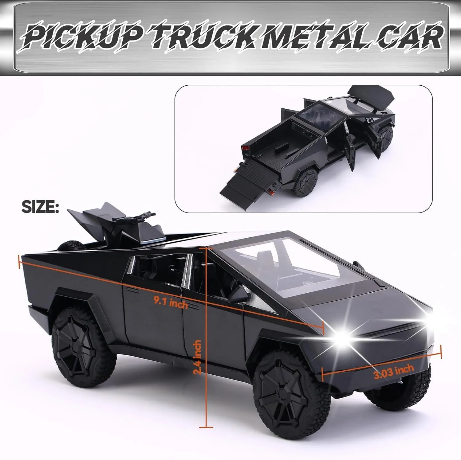 Truck Toy with RV Motorcycle Cybertqud Alloy Die-cast Model Car Pickup Truck 1/24 Race Cars with Sound and Light Ideal Gift for Kids, Black