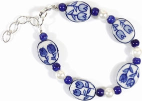 Tulip Time Dutch Blue Delft Porcelain Bracelet, 8.5 Inches Large