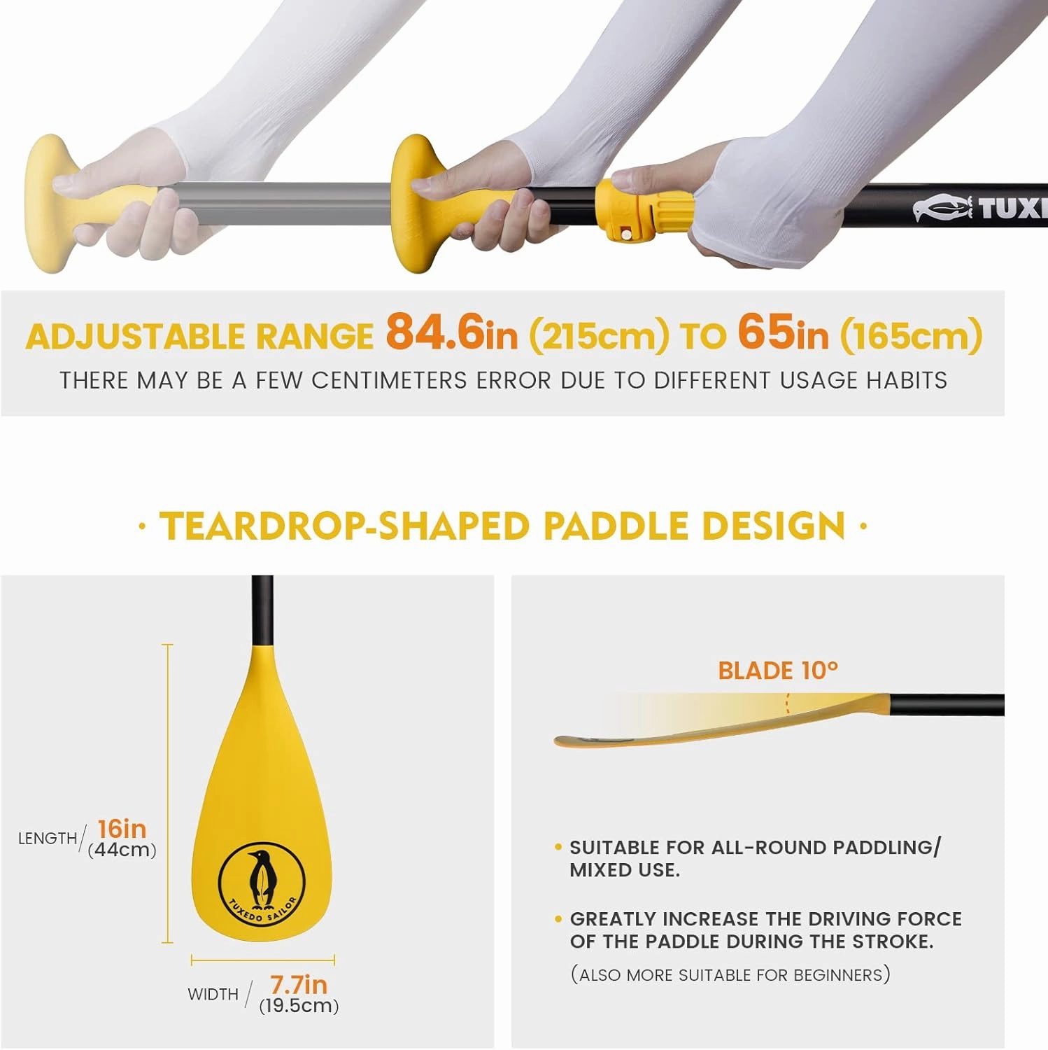 Tuxedo Sailor SUP Paddle - 3 Piece Adjustable Stand Up Paddle Board Paddle - Lightweight & Floating Paddle Board Oar - Durable and Packable, Reinforced Nylon Blades - Efficient Stroke