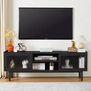 TV Stand, Modern TV Stand Up to 70 Inch TV, Entertainment Centre with Glass Sliding Door and Adjustable Shelves, TV Console Table for Living Room and Bedroom (Black)