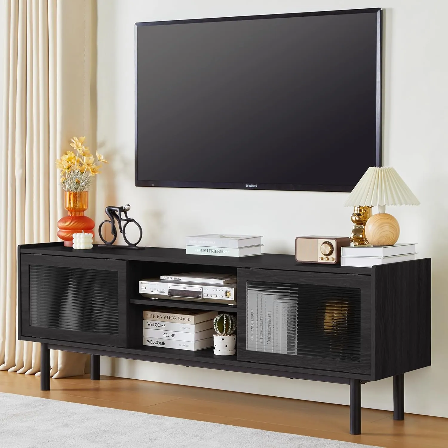 TV Stand, Modern TV Stand Up to 70 Inch TV, Entertainment Centre with Glass Sliding Door and Adjustable Shelves, TV Console Table for Living Room and Bedroom (Black)