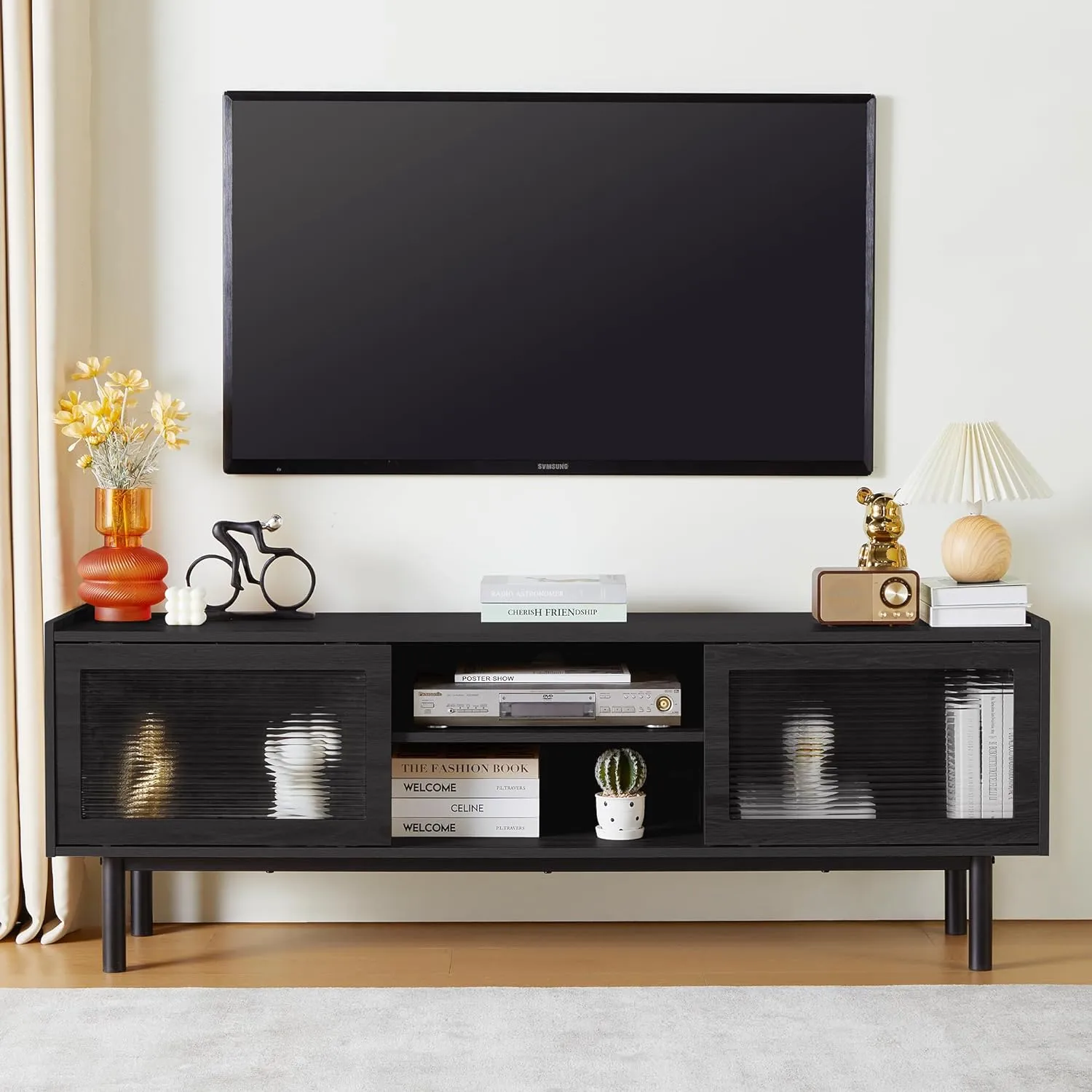 TV Stand, Modern TV Stand Up to 70 Inch TV, Entertainment Centre with Glass Sliding Door and Adjustable Shelves, TV Console Table for Living Room and Bedroom (Black)