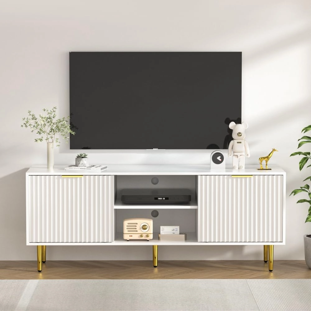 TV Stand for 65 Inch TV, Fluted Doors Entertainment Center with Storage, TV Console Table with Sliding Doors & Adjustable Shelves, TV Stand for Bedroom Living Room(White)