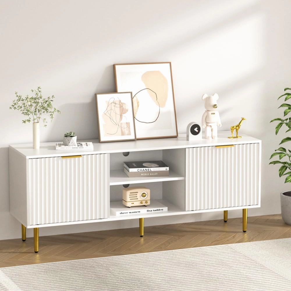 TV Stand for 65 Inch TV, Fluted Doors Entertainment Center with Storage, TV Console Table with Sliding Doors & Adjustable Shelves, TV Stand for Bedroom Living Room(White)