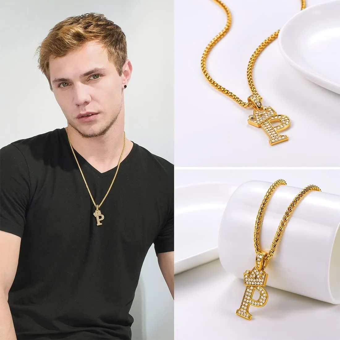 U7 Crown Initial A-Z Necklace, Iced Out Letter Pendant with 22-24 Inch Chain, Men Women Bling Hip Hop Alphabet Name Jewelry Big Initials Necklaces Color Steel,Black,Gold