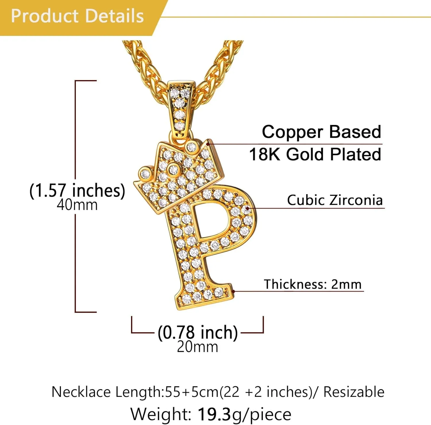 U7 Crown Initial A-Z Necklace, Iced Out Letter Pendant with 22-24 Inch Chain, Men Women Bling Hip Hop Alphabet Name Jewelry Big Initials Necklaces Color Steel,Black,Gold