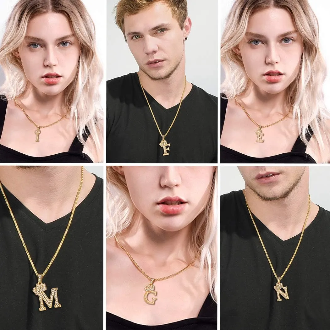 U7 Crown Initial A-Z Necklace, Iced Out Letter Pendant with 22-24 Inch Chain, Men Women Bling Hip Hop Alphabet Name Jewelry Big Initials Necklaces Color Steel,Black,Gold