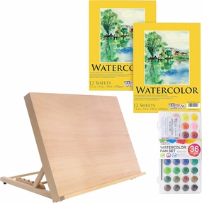 U.S. Art Supply Large 18-1/2" Wide x 14-1/8" (A3) Tall Artist Adjustable Wood Drawing Board Bundle with 11" x 14" Premium Heavy-Weight Watercolor Painting Paper Pad and 36 Color Watercolor Paint Set