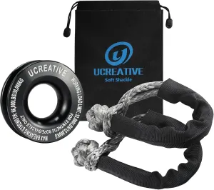 Ucreative Black Recovery Ring and 2PCS Gray Soft Shackle (1/2 Inch x 22 Inch) kit for Synthetic Winch Rope for ATV UTV SUV Truck Off-Road Vehicle Recovery