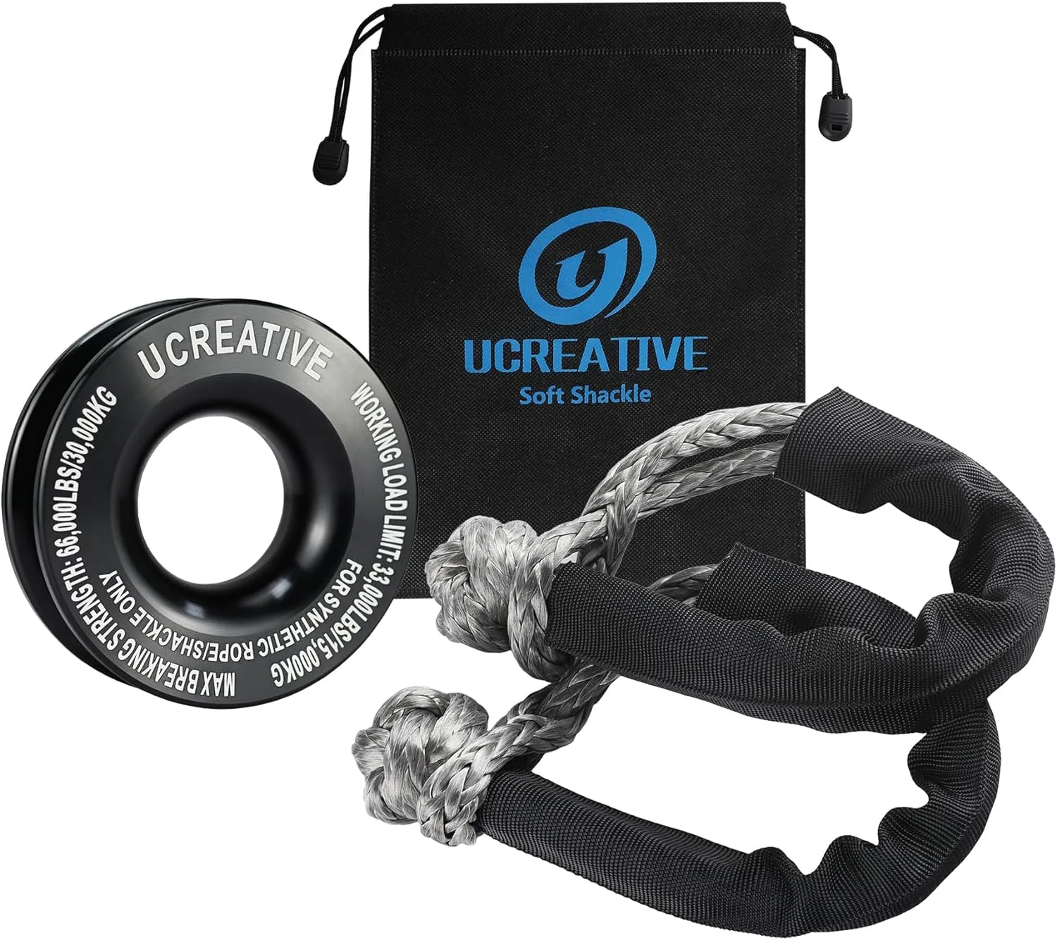 Ucreative Black Recovery Ring and 2PCS Gray Soft Shackle (1/2 Inch x 22 Inch) kit for Synthetic Winch Rope for ATV UTV SUV Truck Off-Road Vehicle Recovery
