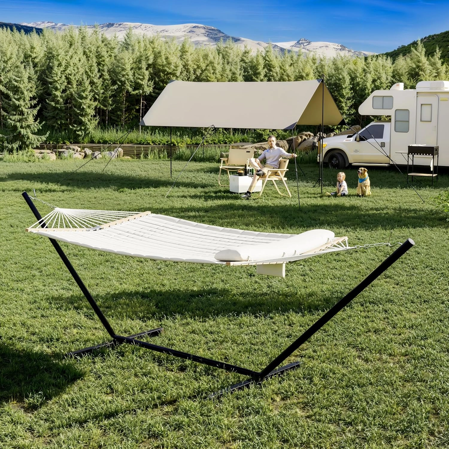 Ultra-Comfort 2-Person Hammock Set with Foldable Steel Frame – Heavy-Duty Outdoor Lounger for Garden, Camping & Patio (450lb Capacity   Quick-Stow Carry Bag),White (Concave)