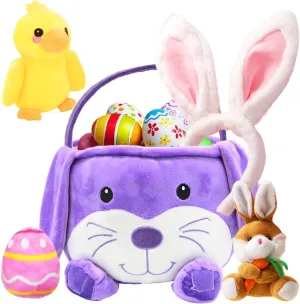 UMEELR Easter Bunny Basket with Rabbit Duck Keychains Bunny Ears, Cute Plush Basket for Baby Girls Boys Easter Gifts Hunt Bag