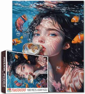Underwater Girl Swimming Jigsaw Puzzles for Adults 1000 Pieces, Coral Reefs, Tropical Fish, Marine Life Art Puzzles for Challenging Family Activity Game Colorful DIY Crafts Puzzle for Home Decor Gifts
