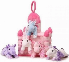 Unipak 12" Pink Plush Horse Castle - 5 Stuffed Animal Horses in Pink Castle Carrying Case