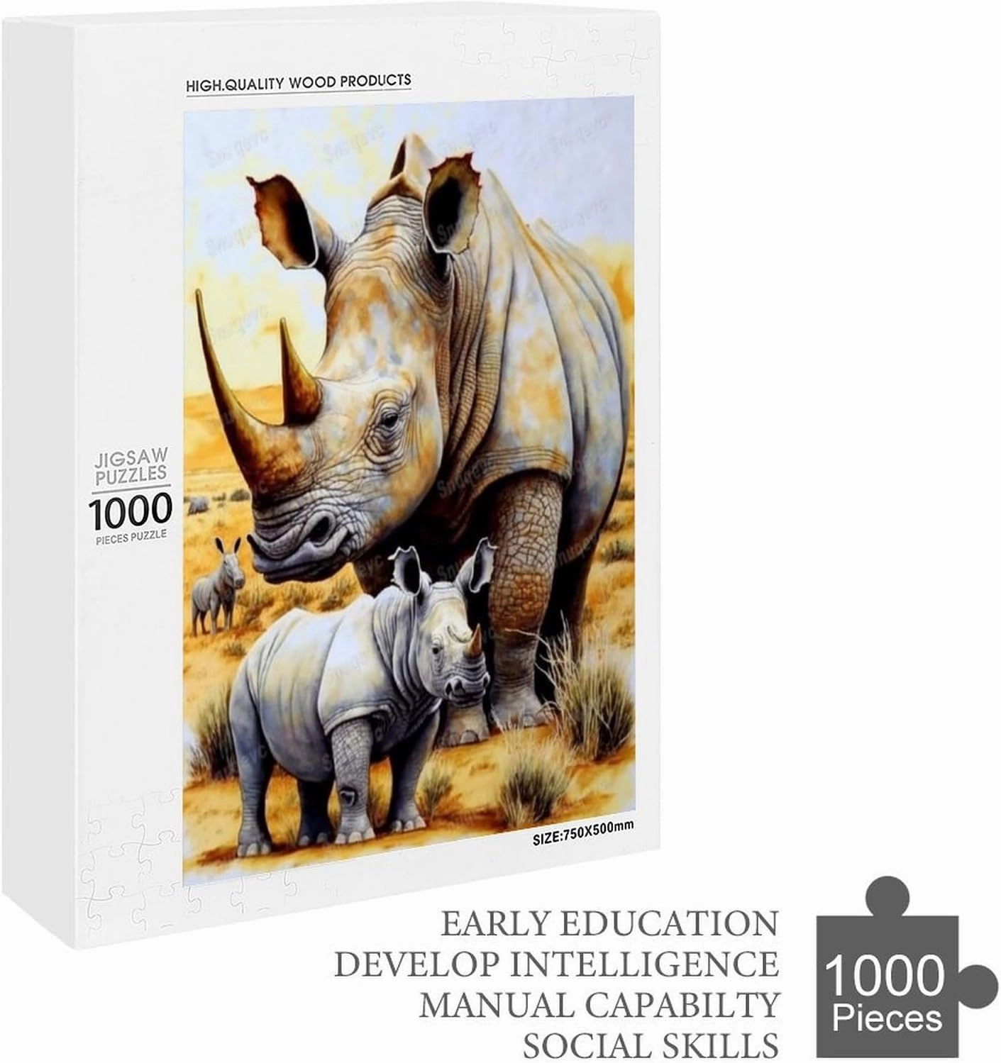 Unique Wooden Jigsaw Puzzles - Grassland Rhinoceros, 1000 Pieces Colorful Artwork Jigsaw Puzzle for Adults, Fun and Challenging Brain Exercise for Puzzle Enthusiasts - Ideal Gift