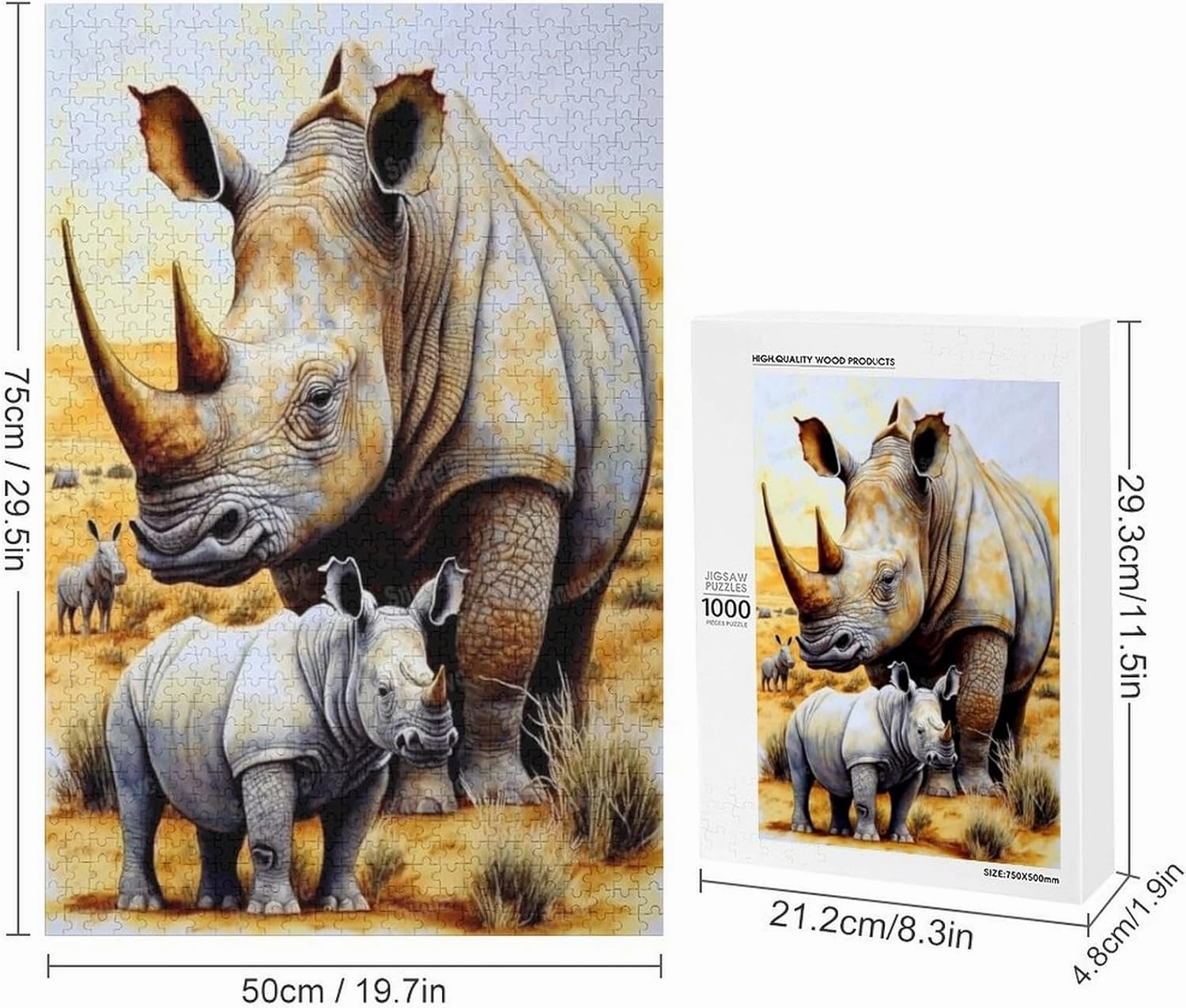 Unique Wooden Jigsaw Puzzles - Grassland Rhinoceros, 1000 Pieces Colorful Artwork Jigsaw Puzzle for Adults, Fun and Challenging Brain Exercise for Puzzle Enthusiasts - Ideal Gift