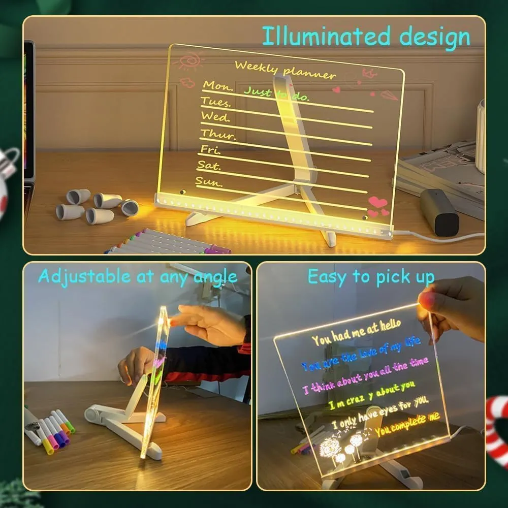 Upgrade Acrylic Message Board, Light up Acrylic Note Board with Colors, LED Writing Board with Adjustable Stand and 7 Pens, for Drawing, School, Home, Office (11.8 * 7.9'')
