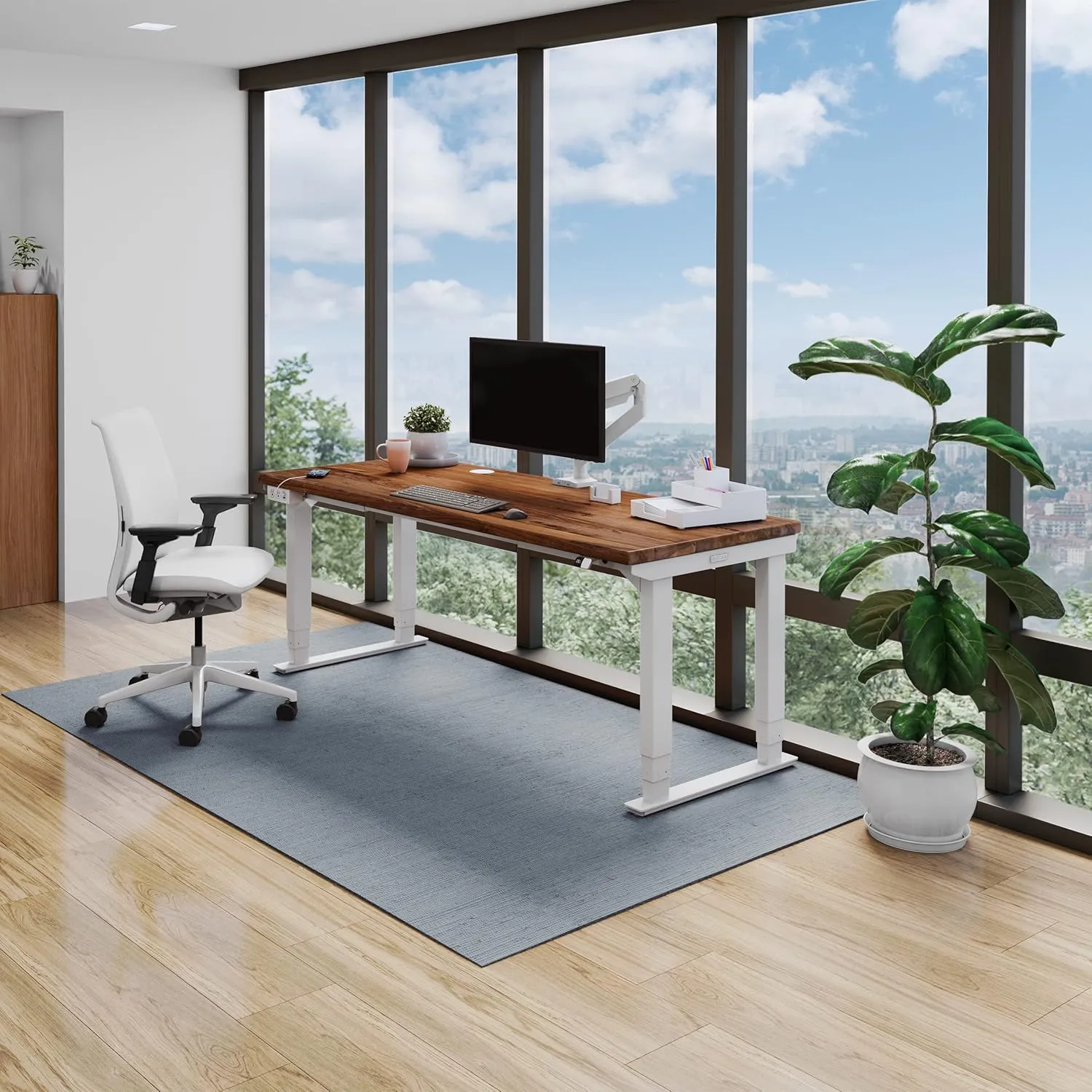 Uplift Ash Gray Laminate (80 x 30 inch) Electric Standing Desk V2 (Black) 4-Leg Adjustable Stand Up Desk, Advanced Keypad, Wire Grommets, Wire Management Tray, Bamboo Rocker-X Board