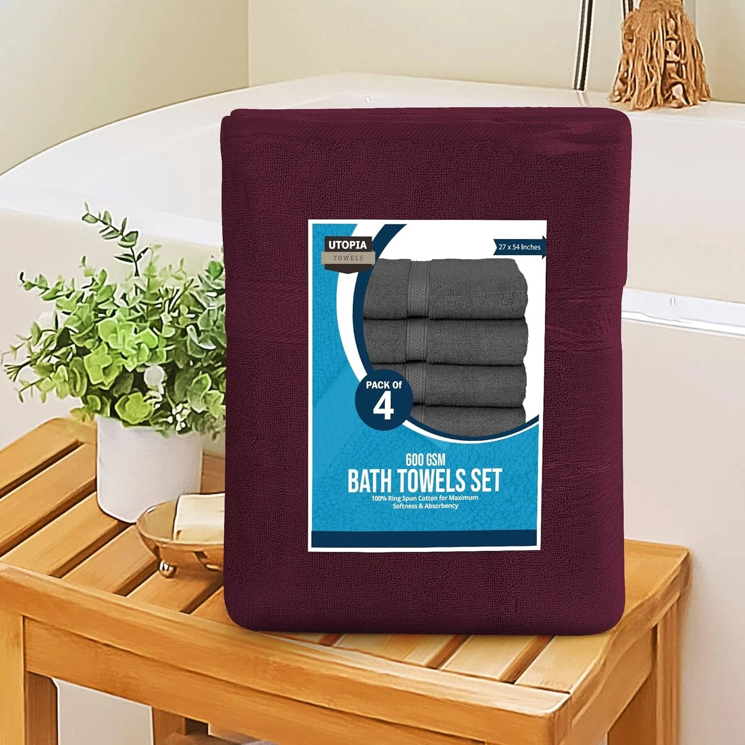 Utopia Towels 4 Pack Premium Bath Towels Set, 27 by 54 Inches, 100% Ring Spun Cotton 600GSM, Lightweight and Highly Absorbent Quick Drying Towels, Perfect for Daily Use, Burgundy
