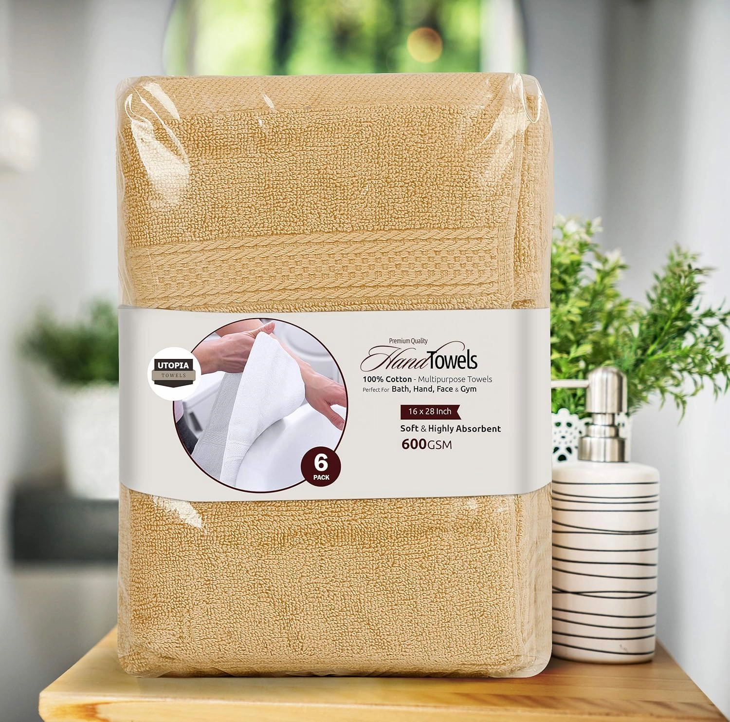 Utopia Towels 6 Pack Premium Hand Towels Set, 16 by 28 inches, 100% Ring Spun Cotton, Ultra Soft and Highly Absorbent 600GSM Towels for Bathroom, Gym, Shower, Hotel, and Spa, Beige