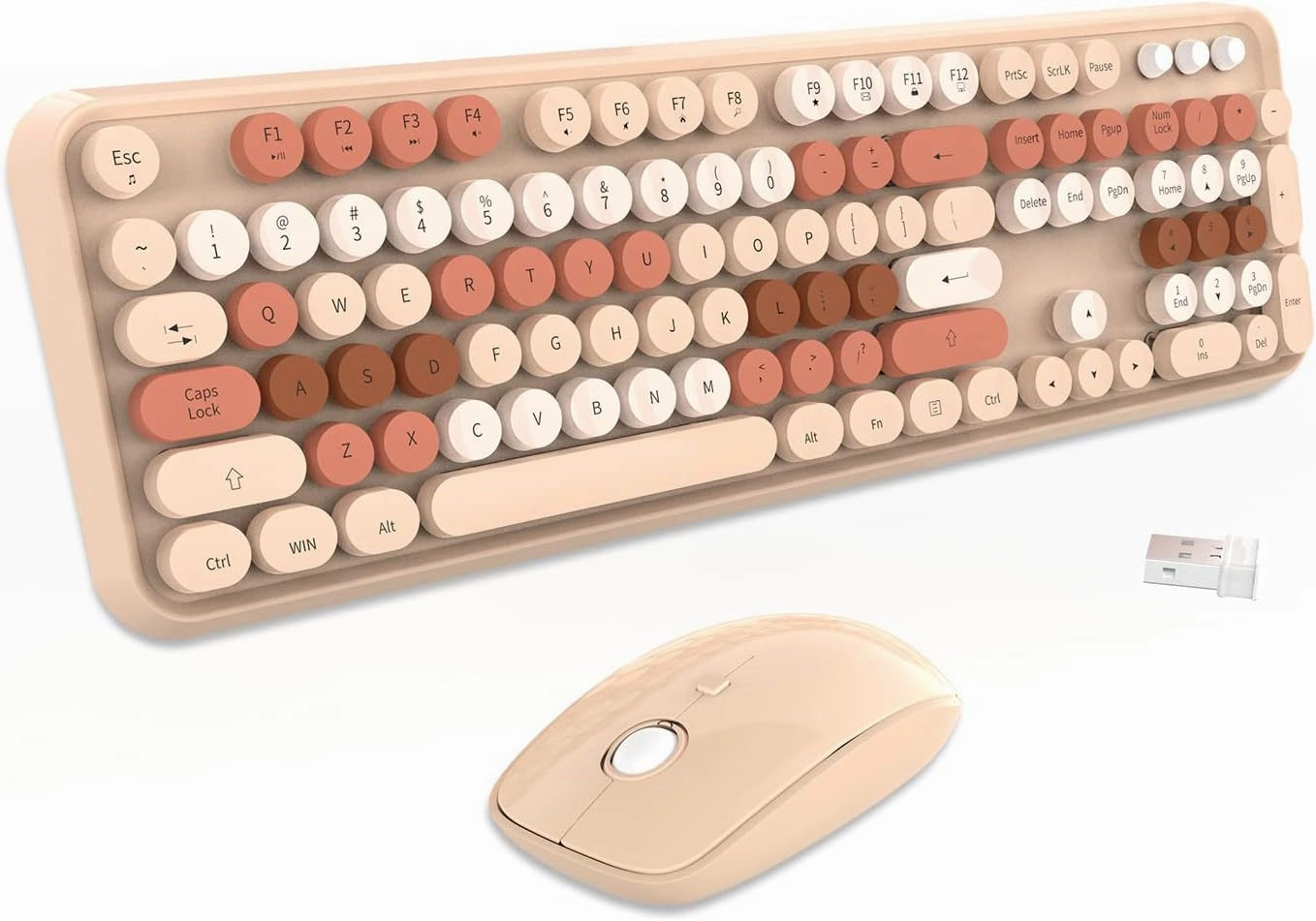 V2020 Keyboard and Mouse Combo, Colorful Wireless Keyboard with Round Keycaps,2.4GHz Dropout-Free Connection,Long Battery Life,Cute Wireless Mouse for PC/Laptop/Computer (MilkTea Color)