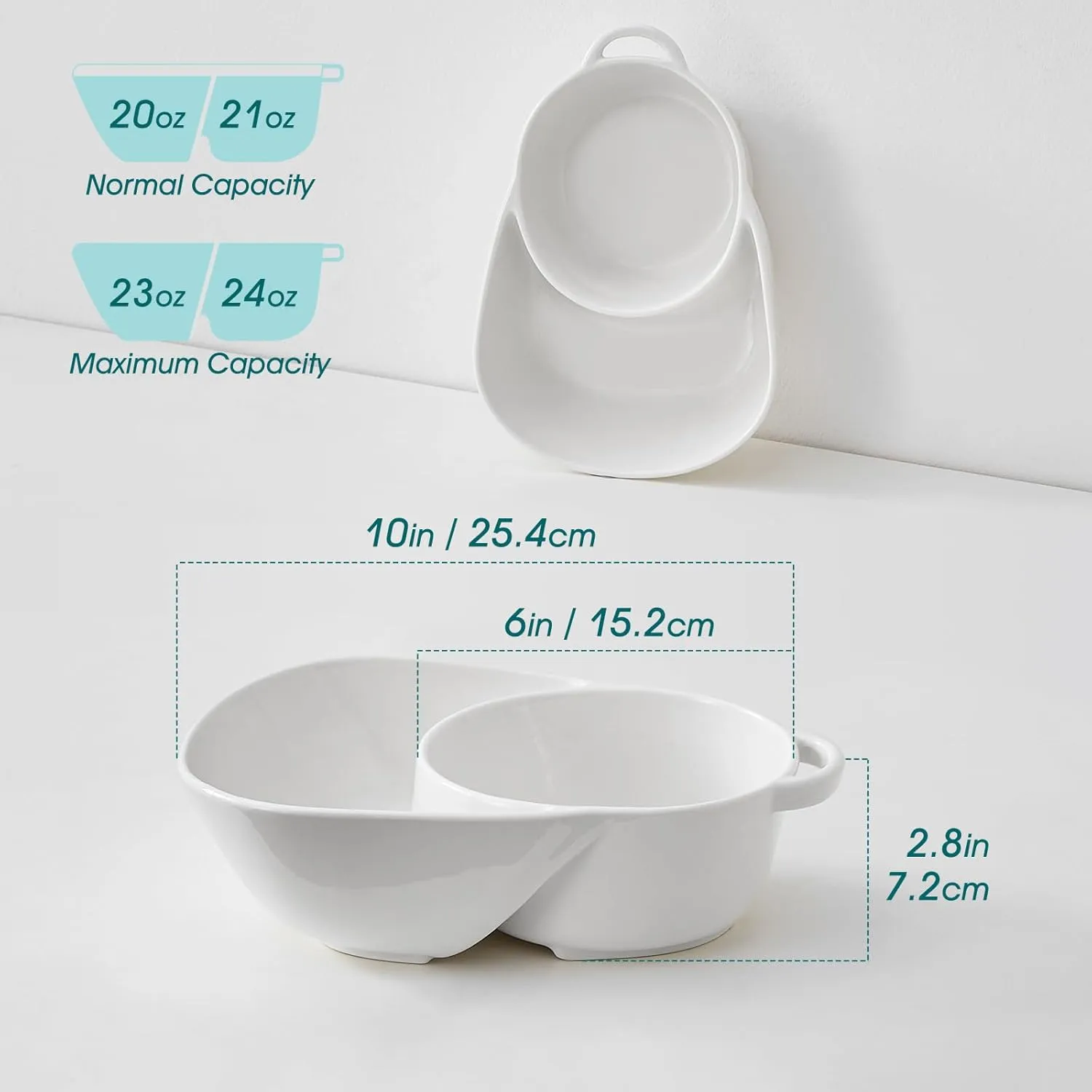 vancasso Starry Chip and Dip Bowl, Anti-Soggy Cereal Bowl, Soup and Sandwich Plate Combo, Breakfast Powls, Divided Snack Bowls, 2 Pack(White)